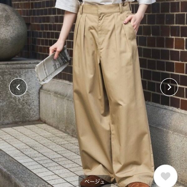 【MONO-MART LADY'S】ハイウエストタックワイドストレートチノパンツ M ベージュ系
