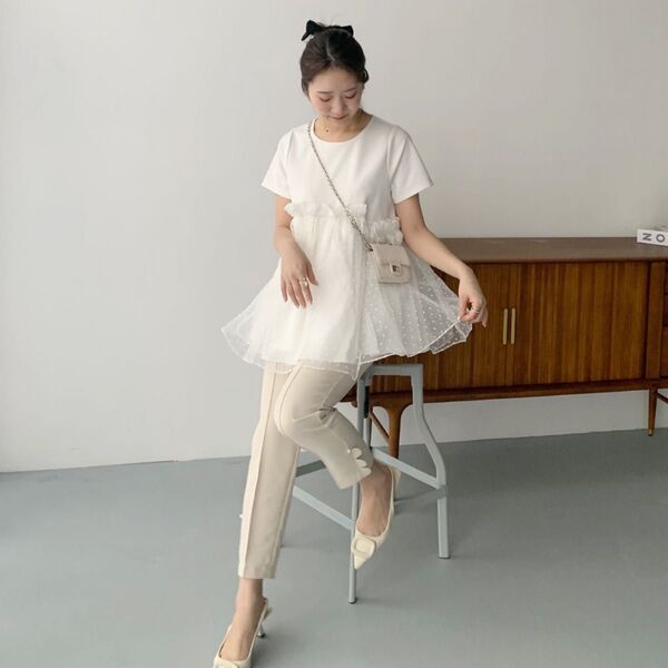 【完売品】Fit more ドットオーガンジーアシメペプラムカットソー