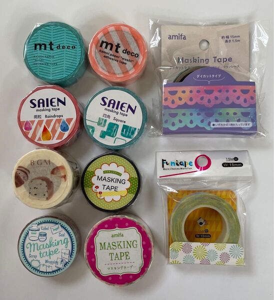 SAIEN・mt・BGM等マスキングテープ ファンテープ まとめ売り10点セット☆和柄 ストライプ ダイカット 箔押し 台湾マステ