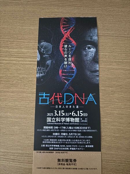 チケット 1枚 古代DNA 特別展 国立科学博物館