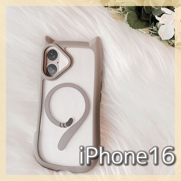 iPhone16 ケース 猫耳 グレー ねこ耳 可愛い ワイヤレス インスタ 韓国 マグネット スマホケース ケース 灰色