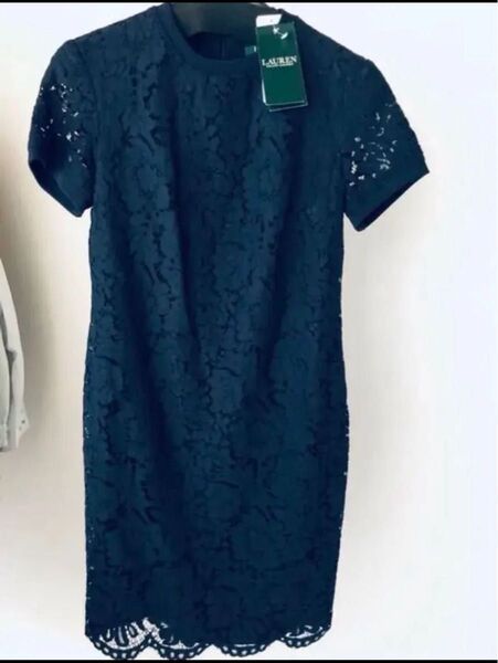 新品 Ralph Lauren ラルフローレン レースワンピース ひざ下 半袖 ダークブルー 紺色