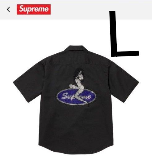 Supreme Rhinestone Pin Up S/S Work Shirt Black" ワークシャツ ピンアップ ブラック