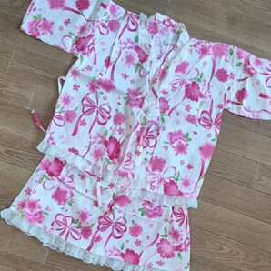 女の子 甚平 上下セット ピンク 花柄 リボン レース 130