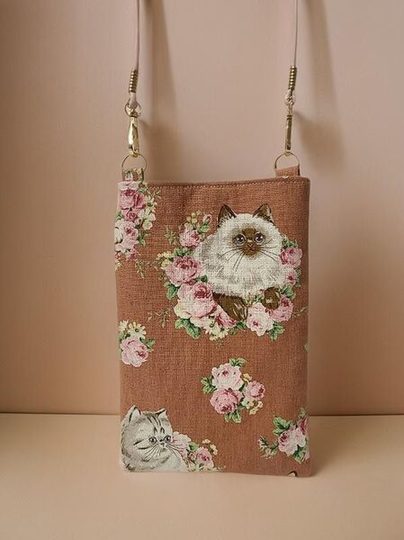 ハンドメイド スマホポシェット ショルダーバッグ サコッシュ 散歩 猫柄 バッグ スマホケース スマホショルダー 散歩にも
