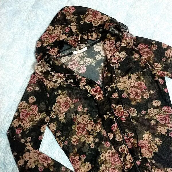 レストローズ LEST ROSE フリルローズジップアップパーカー 薔薇柄 ブーケ柄 メッシュ カーディガン ネット素材