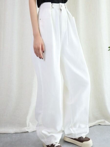 ワイドパンツ コットンパンツ ジーンズ ホワイト ゆったり 体型カバー 新品未使用