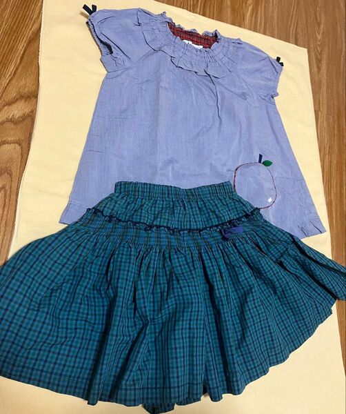 ファミリア りんごポケットブラウス チェックキュロットのセット 美品