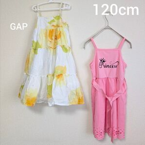 おまとめ 子供服 GAP 花柄 プリンセスデザイン ワンピース 120cm ピンク 総柄 ノースリーブ 肩紐 リボン付