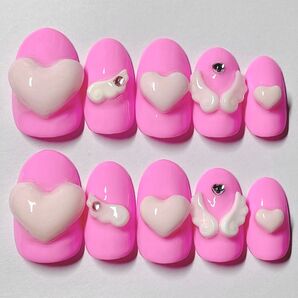 No175.現品ネイルチップ 1点限り ピンクハート羽根サブカル個性派ゆめかわ