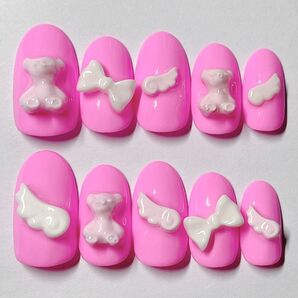 No176.現品ネイルチップ 1点限り ピンク白ホワイトくまリボン羽根ゆめかわ