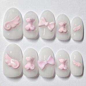 No179.現品ネイルチップ 1点限り 白ホワイトピンク羽根くまリボンゆめかわ