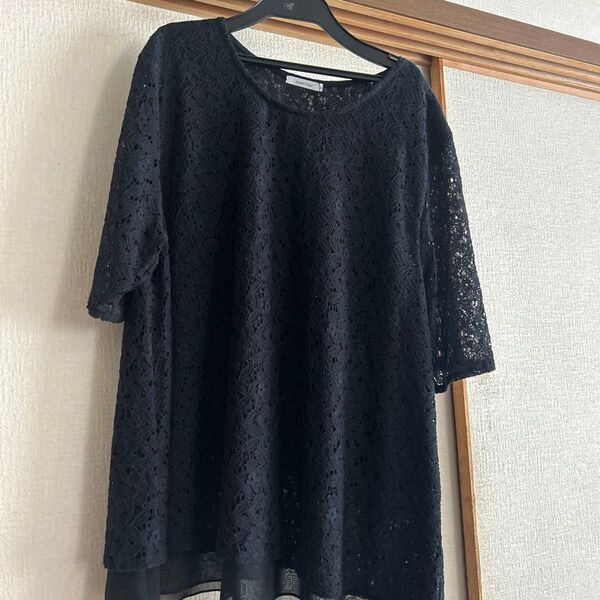 GLOBAL WORK 黒 総レースカットソー 4L