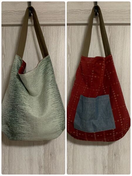 ハンドメイド ワンハンドル リバーシブル ショルダートートバッグ エコバッグ ポケット付き No.71 グリーンかすり柄×星柄