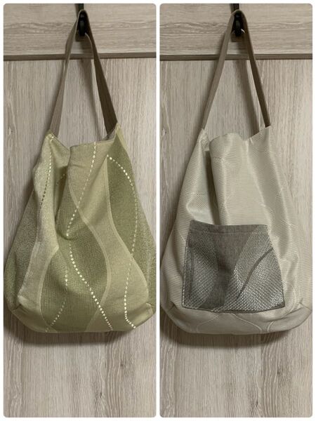 ハンドメイド ワンハンドル リバーシブル ショルダートートバッグ エコバッグ ポケット付き No.73 ウェーブ×ウェーブ