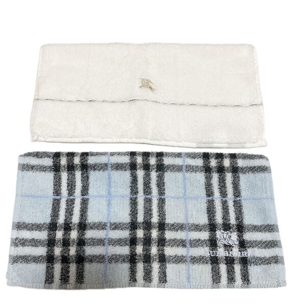 訳あり BURBERRY バーバリー タオルハンカチ ノバチェック ブルー シンプル ホワイト 2点セット