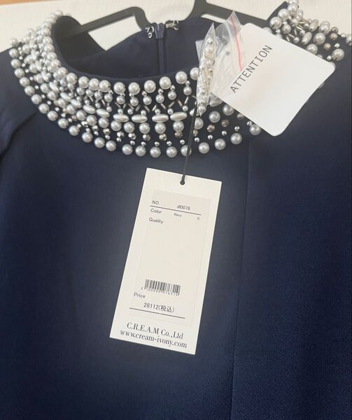 未使用タグ付き パールビジュー装飾 上品 華やかワンピース ネイビー 結婚式 二次会 パーティー イベント
