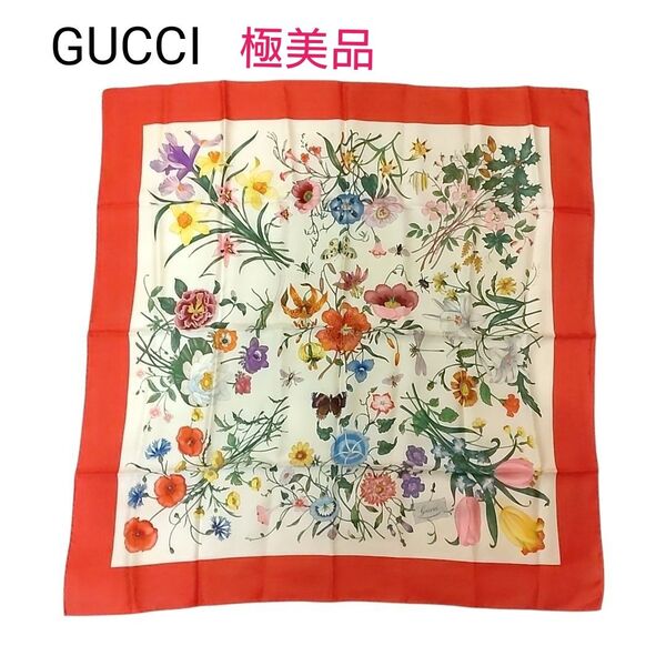 極美品☆GUCCI グッチ スカーフ シルク100% フラワー フローラル柄 花柄 レッド系 イタリア製 大判