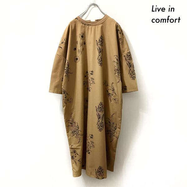Live in comfort★花柄 5分袖ワンピース ブラウン フェリシモ