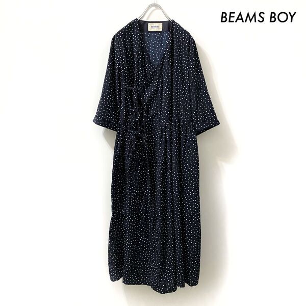 BEAMS BOY ビームスボーイ★ドット柄 カシュクールワンピース 5分袖 ネイビー 紺