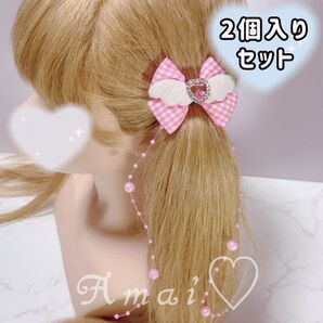 天使の羽ハートビジュー/ギンガムチェック/ヘアメ/ピンク/量産型/地雷系 推し活 推しカラー
