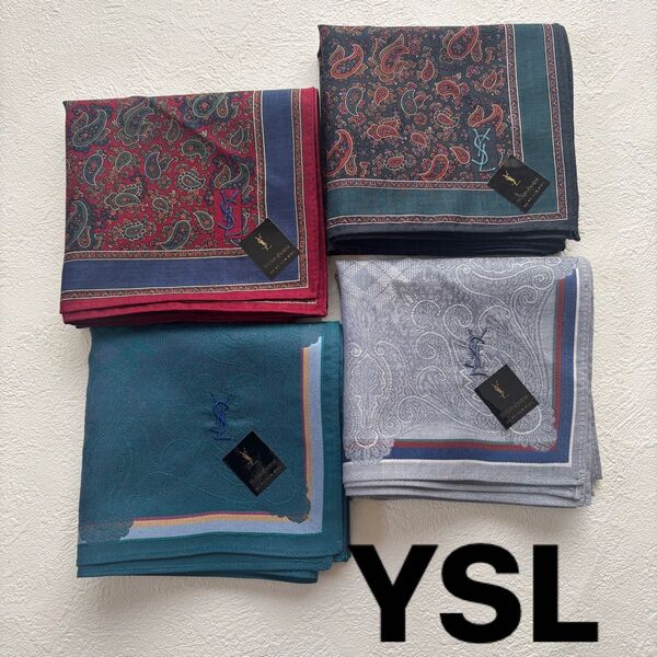 YSL Yves Saint Laurent イブサンローラン メンズハンカチ4枚 ペイズリー柄 紳士ブランドハンカチ