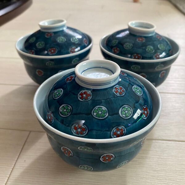昭和レトロ 茶碗蒸し3客セット茶碗 食器 陶器 色絵 蓋付 どんぶり 蓋物 和食器