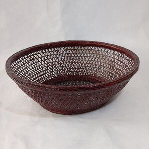 籃胎漆器 久留米産 透かし鉢 深型円形 直径25cm 竹製 漆塗 未使用品