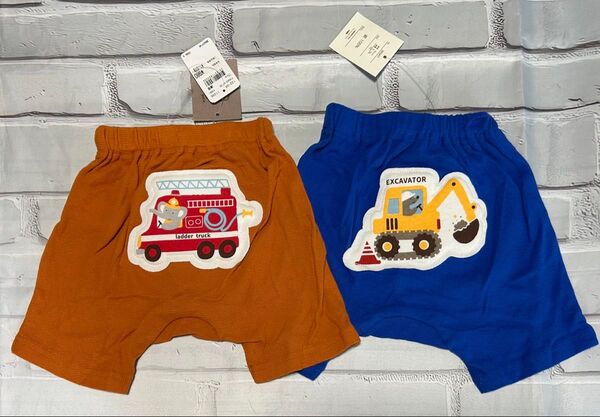 ショートパンツ ハーフパンツ 綿100% ワッペン パンツ ズボン ブルマ 男の子 70cm ショベルカー 消防車 のりもの 車