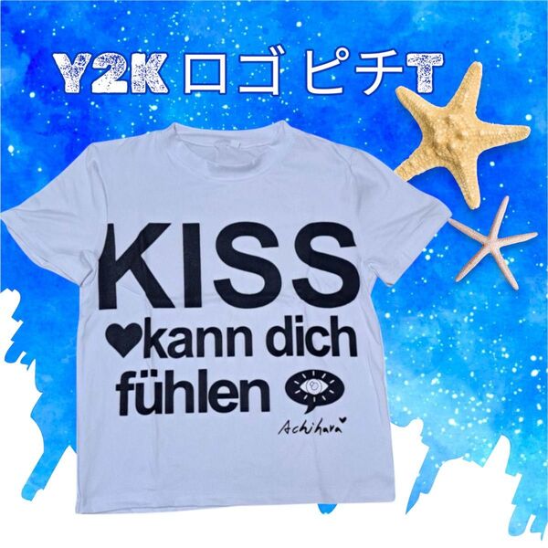 Y2K ロゴ ピチT 水色 Lサイズ グランジ 平成ギャル KISS 英字Tシャツ