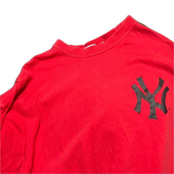 NEWYORK ニューヨーク YANKEES ヤンキース バックプリント 半袖クルーネック Tシャツ 漢字 ロゴ 抜群 RED L