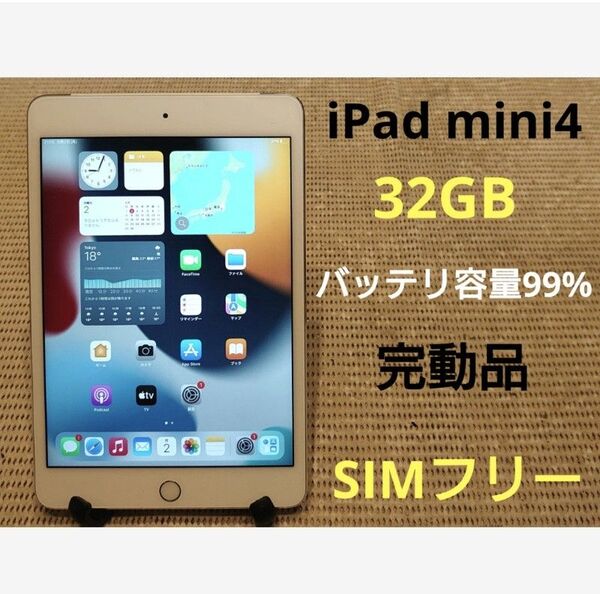 完動品SIMフリーiPad mini4(A1550)本体32GB送料込F9FSJ