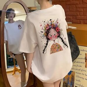 値下げ不可レディース カジュアル ミッド丈Tシャツ かわいいキャラクター&フローラルプリント ラウンドネック 半袖 トップス