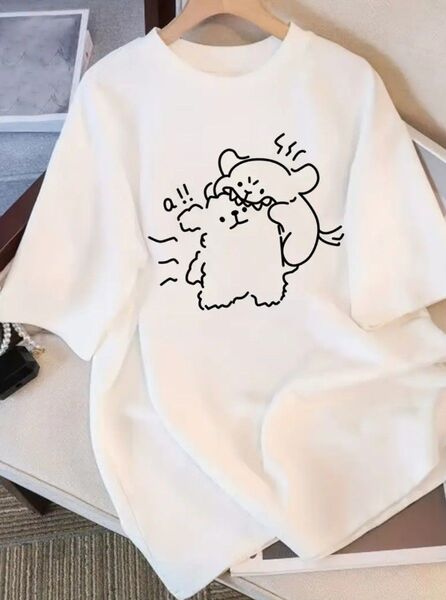 女性用かわいいキャラクターベアプリントTシャツ - ソフトコットン、半袖、ゆったりフィット、ラウンドネック、夏のカジ