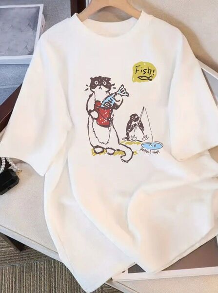 レディース 純綿 半袖Tシャツ - かわいいキャラクター釣りグラフィックプリント ルーズフィット ラウンドネック カジュアル