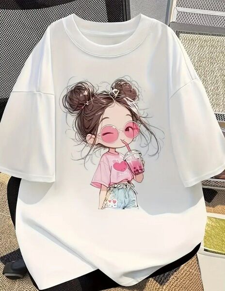 100% キャラクター かわいいプリント ショートスリーブ ラウンドネック Tシャツ、夏新、ルーズフィット、女性用