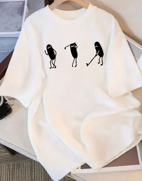 ユニークなブラックプリントデザインのレディースカジュアルTシャツ - ルーズフィット、ショートスリーブ、ラウンドネック
