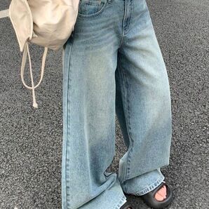 カジュアル ダメージ加工 ルーズフィット ワイドレッグジーンズ