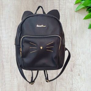 リュックサック 猫 猫耳 ブラック 黒 / フェイクレザー 肩掛け バッグ ネコ 動物 アニマル レディース キッズ ミニ