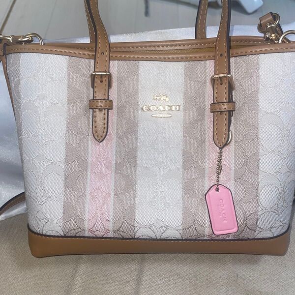COACH シグネチャー ストライプ モリー トート C4086 2way ライトベージュ×ピンク系 IMTVT