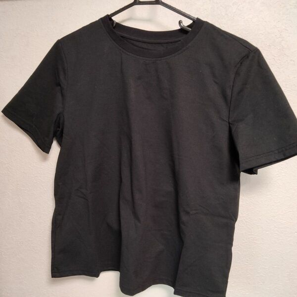 無地半袖Tシャツ黒 背中に翼スパンコール羽 夏用トップス男女兼用レディースL