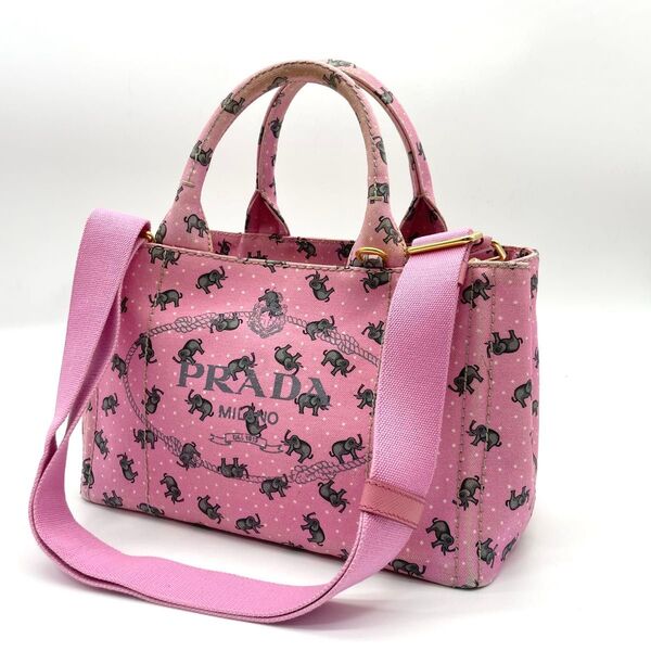【希少】PRADA プラダ カナパ トートバッグ ゾウ柄 ピンク キャンバス 2WAY