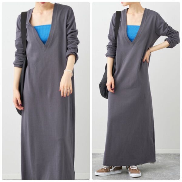 美品 R’IAM-PLAGE リアムプラージュ DEEP Vneck ワンピース グレー 36 S ロングワンピース Vネック