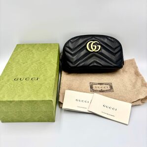 超美品 GUCCI グッチ GGマーモント キルティング ポーチ レザー ブラック 化粧ポーチ レディース 小物入れ