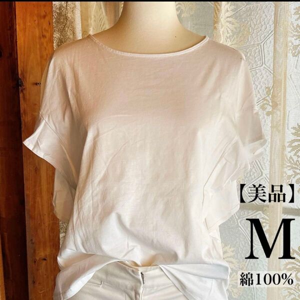 レディーストップス フリル袖 半袖 白 ホワイト 綿100% M