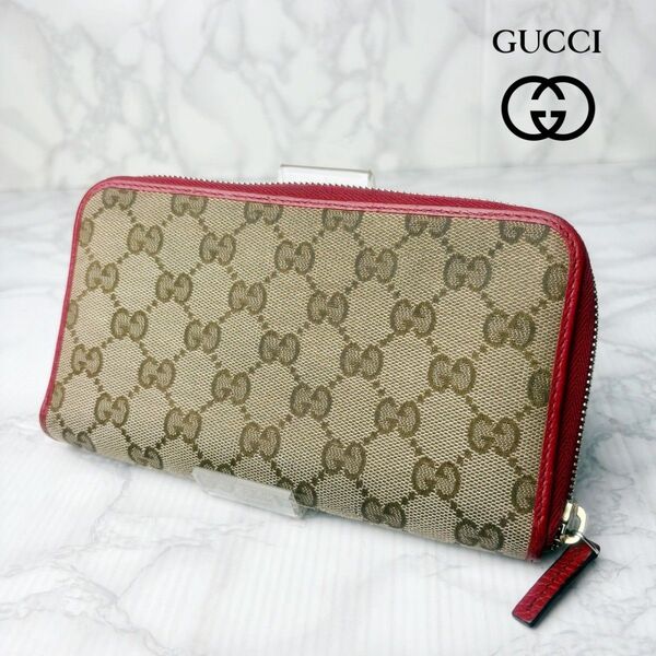 28 美品 GUCCI グッチ 長財布 ラウンドファスナー GGキャンバス 赤