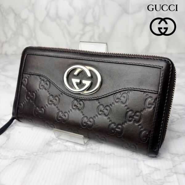 01 美品 GUCCI グッチ インターロッキング ラウンドファスナー 長財布 グッチシマ GG ブラウン