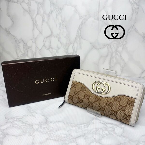 028 GUCCI グッチ インターロッキング ラウンドファスナー 長財布 GGキャンバス
