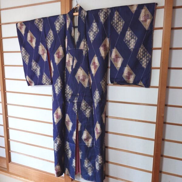 着物 小紋 菱形柄 しつけ糸あり