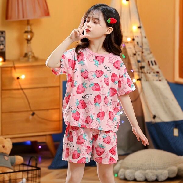 【残り2着!】 100 コットン いちご ピンク パジャマ 半袖 女の子 かわいい 上下セット キッズ 半袖半ズボン